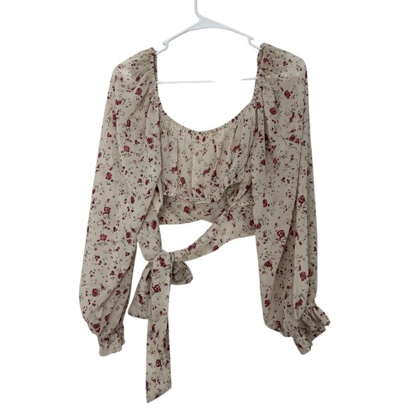 Altard State Women SZ Large Floral Long Sleeve Crop Top Blouse With Back Tie - Picture 10 of 11